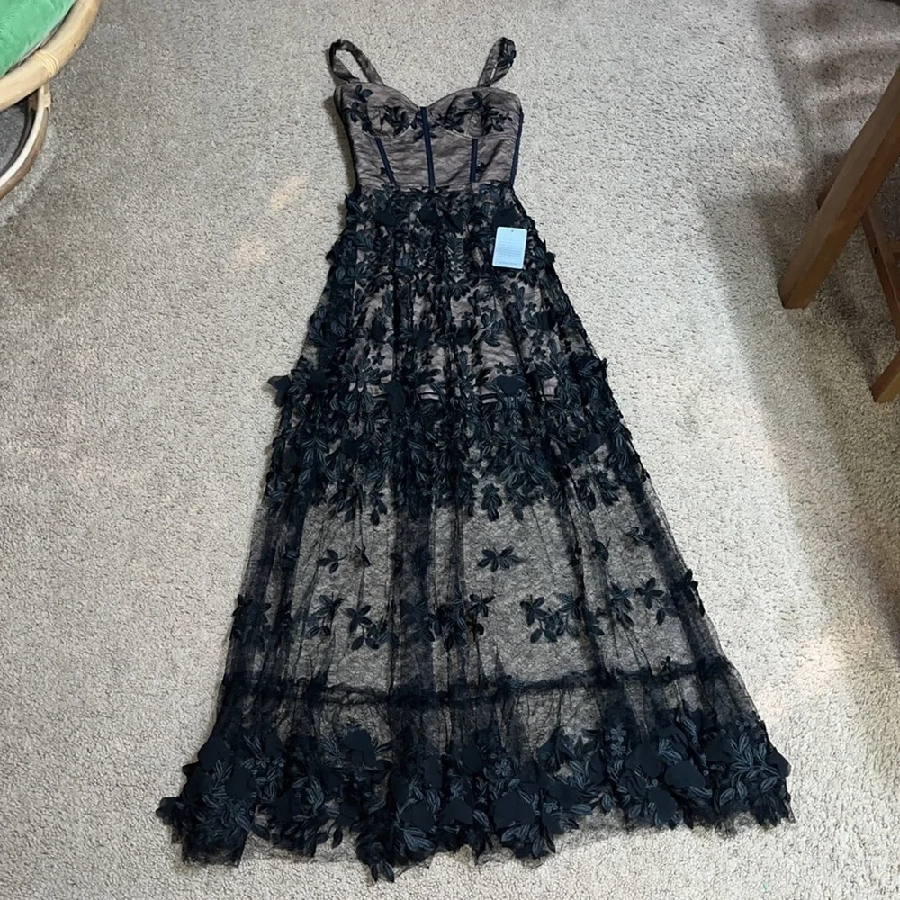 Dress the Population Anabel Embroidered Bustier Floral Sheer Lace Gown Black XXS - Picture 6 of 15